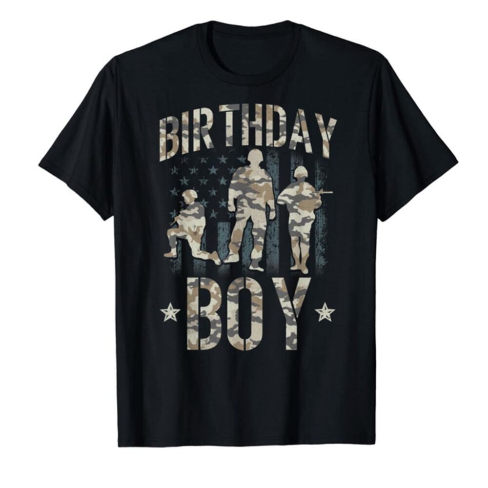 Men's Birthday Boy Military Camo Graphic Black T-Shirt Large L NWT